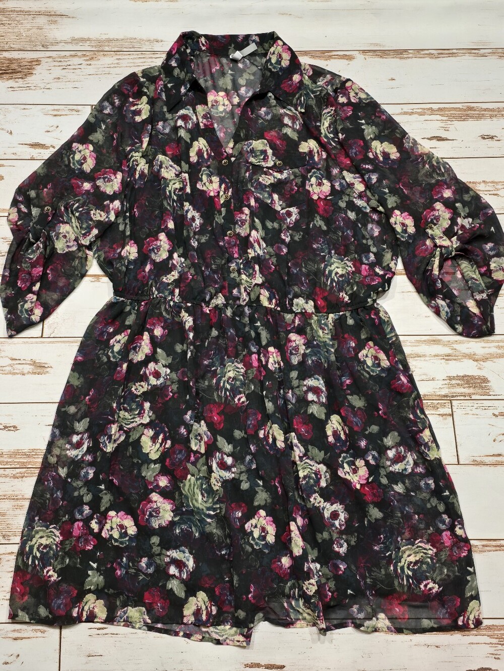 S.H.E Black Dress Semi Sheer Floral Lined Roll Up Sleeve Plus Size 3X